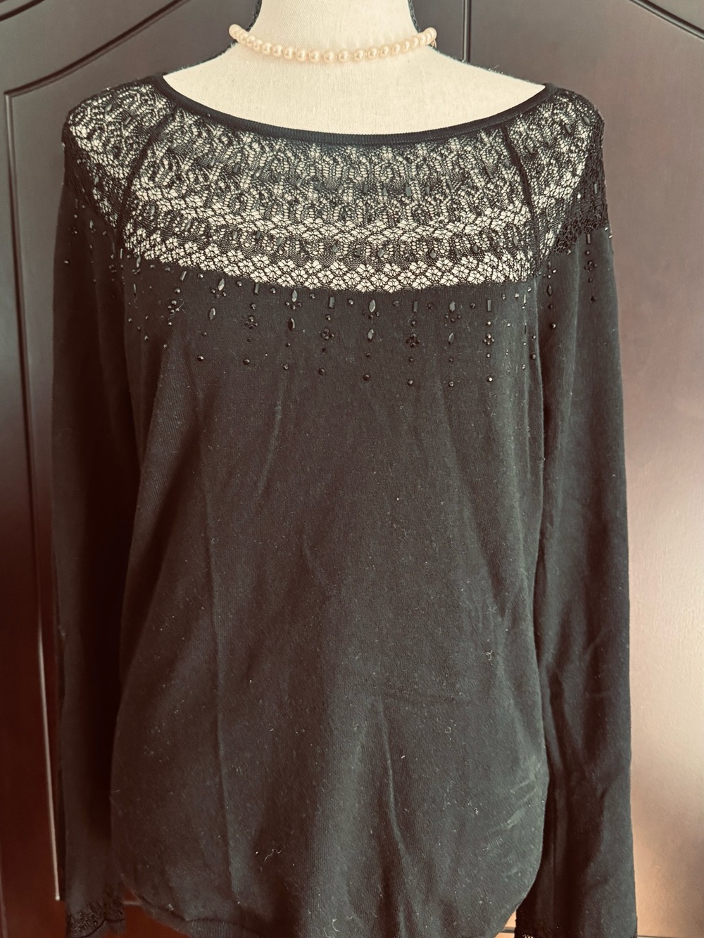 White House Black Market Black Long-Sleeve Lace Yoke Top